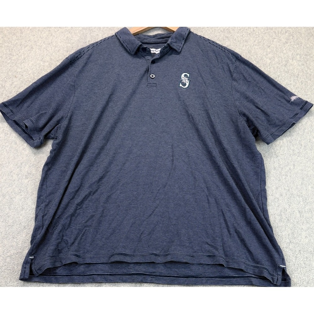 Tommy Bahama Mens Polo Shirt Navy Striped Seattle Mariners MLB Short Sleeve 2XL